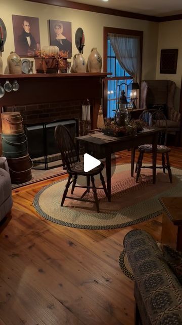 Gail Napier Reeder on Instagram Gail Reeder, Primitive Fireplace, American Colonial Style, Primitive Decor Ideas, Primitive Living Room, Cabin Interiors, Colonial Style, Window Treatments, Family Room