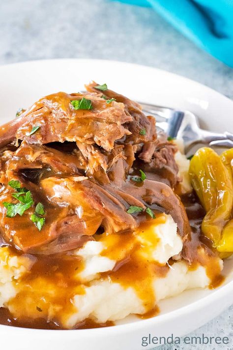 Mississippi Pot Roast Recipe - Glenda Embree Sunday Dinner Ideas Families, Roast Crock Pot, Easy Sunday Dinner, Mashed Potatoes And Gravy, Sunday Dinner Ideas, Potatoes And Gravy, Slow Cooker Roast Beef, Sunday Dinner Recipes, Southern Recipes Soul Food