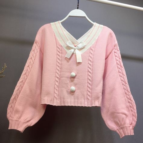 Preppy Mode, Pastel Knits, Kawaii Sweater, Knit Cropped Sweater, Knot Sweater, Mode Kawaii, Pull Rose, Short Sweater, Gender Fluid