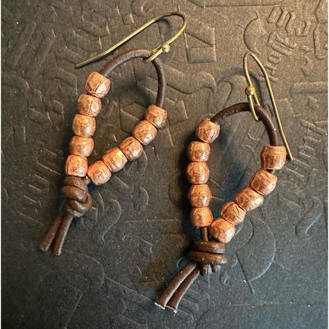 Leather Cord Jewelry Diy, Beaded Leather Earrings, Giant Earrings, Leather Earrings Ideas, Leather Cord Earrings, Aesthetic Design Ideas, Country Earrings, Boho Leather Jewelry, Cord Earrings