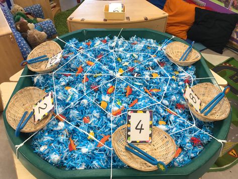 EYFS Maths fish themed finger gym tuff spot with giant web and shredded blue paper Rainbow Fish Eyfs, Sharing A Shell, Rainbow Fish Activities, Eyfs Maths, Snail And The Whale, Finger Gym, Under The Sea Crafts, Funky Fingers, Tuff Spot