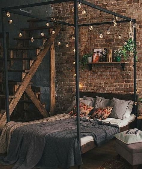 There are many ways in which you can decorate your bedroom – some are the regular old ways and some are different – and that’s an understatement. By d... | Hanging Light Bulbs Over the Bed #SteampunkIdeas #SteampunkBedroom #SteampunkBedroomIdeas #Steampunk #HomeDecor #BedroomDecor #DecoratedLife Steam Punk Bedroom, Bedroom Male, Idea Bilik Tidur, Men Room, Bedroom Adult, Steampunk Bedroom, Male Bedroom, Reka Bentuk Bilik Tidur, Bohemian Bedrooms