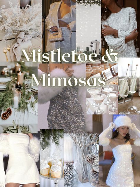 Mistletoe and Mimosas | White Decor Party Idea | Greenery Decor | Snow Party Theme | December Party Idea | Bachelorette Party Theme | Birthday Party | Bridal Shower | Mood Board | Inspo Board | Cocktails | Feathers | Glam Dress | Party Decor | Winter Winter Wedding Bachelorette Party, Winter Couples Shower Themes, Winter Hen Party, Mistletoe And Mimosas Party, Bachelorette Christmas Theme, Bridal Shower Ideas Winter Themed, Winter Bachelorette Aesthetic, Bachelorette Party Winter Ideas, December Bachelorette Party Ideas