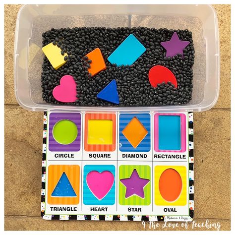 For the Love of Teaching: Toddler Math Shape Sensory Bin Preschool, Shape Sensory Bin, Raspberry Art, Ece Classroom, Preschool Shapes, July Activities, Toddler Math, Interesting Activities, Shape Names