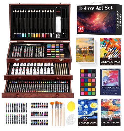 PRICES MAY VARY. All-In-One Package: This deluxe art set is designed for beginners to explore and express their creativity. It includes 60 crayons, 24 colored pencils, 24 oil pastels, 24 watercolor cakes, 24 acrylic paints, 11 sandpapers, 8 brushes, 3*8-well palettes, 3*A4 canvases, 1 color wheel, 1 sponge, 1 color palette, 1 HB pencil, 1*2B pencil, 1 eraser, 50-sheet sketchbook, 24-sheet acrylic pad, 20-sheet watercolor pad, 12-sheet coloring book, 1 sharpener, 1 wooden case, and 1 present box 1 Color Palette, Watercolor Cakes, Hb Pencil, Present Box, 2b Pencil, Watercolor Cake, Colored Pencil Set, Drawing Pad, Acrylic Paint Set