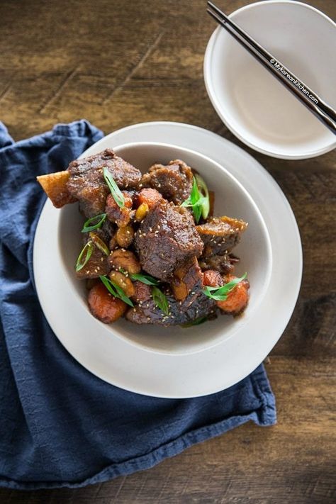 Galbi Jjim (Korean Braised Short Ribs) - My Korean Kitchen Galbi Jjim Recipe, Braised Recipes, Korean Braised Short Ribs, Galbi Jjim, Braising Recipes, Braised Short Ribs Recipe, Braised Beef Short Ribs, Korean Kitchen, Andong