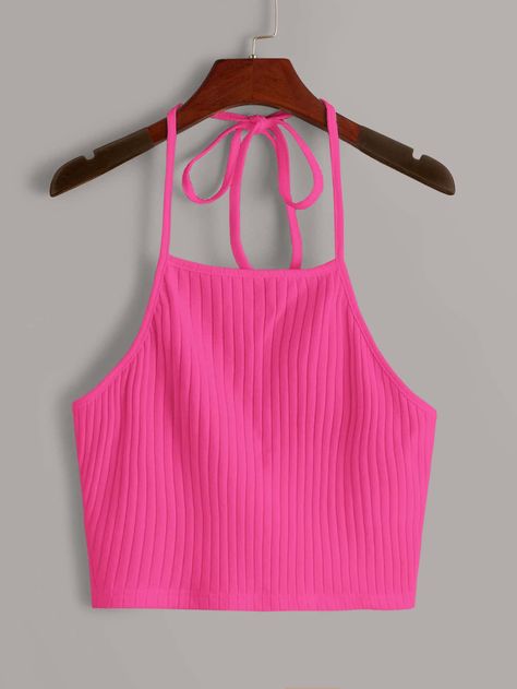 Neon Pink Tops, Cropped Halter Top, Pink Halter Top, Backless Halter Top, Womens Halter Tops, Women Tank Tops, Pink Crop Top, Halter Tops, Halter Crop Top