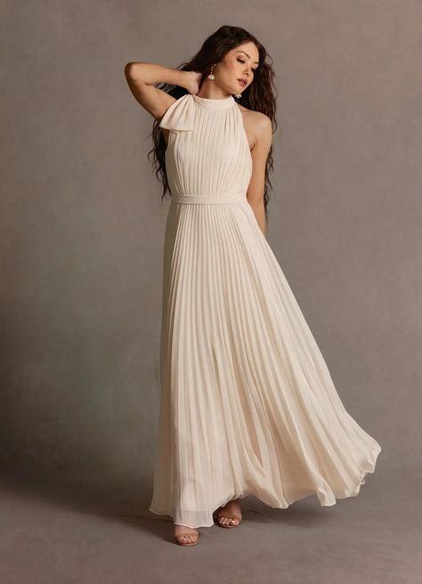 Michaela Cream Pleated Maxi Dress Atelier Dresses | Azazie Cream Dress Formal, Cream Formal Dresses, Pleated Wedding Dresses, Atelier Dress, Summer Gowns, Boutique Dress Designs, Boutique Dress, Pleated Maxi Dress, Pleated Maxi