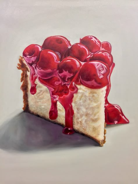 Oil painting of a slice of cherry cheesecake, by Jamie Chen. 24x30". Based off a painting by Mary Ellen Johnson #art #painting #oil Cheesecake Photos, Strawberry Sundae, Food Art Painting, Dessert Illustration, Cherry Cheesecake, Food Painting, Illustration Food, Food Drawing, Food Illustrations