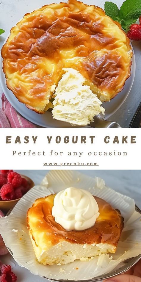 Easy Yogurt Cake Ingredients: 400 g sweetened plain yogurt or flavored yogurt (1 cup + 1/2 cup + 2 tablespoons) 4 eggs 40 g of sifted cornstarch (¼ cup + 1 tbsp) #YogurtCake #Fluffy Things To Make With Vanilla Yogurt, 3 Ingredients Yogurt Cake, Recipes For Yogurt, Desserts With Greek Yogurt Healthy, Dessert With Vanilla Yogurt, 4 Ingredient Yogurt Cake, Healthy Yoghurt Cake, 3 Ingredient Whipped Yogurt Cake, Baked Yogurt Dessert