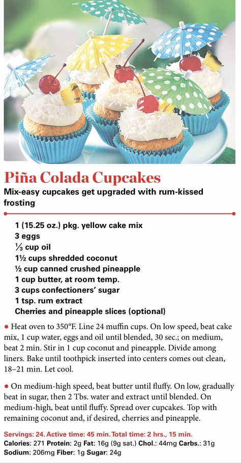 Pina Colada Cake Recipe, Hawaiian Cupcakes, Hawaiian Party Food, Luau Party Food, Pina Colada Cupcakes, Tropical Cupcakes, Infused Cupcakes, Hawaiian Desserts, Pina Colada Cake