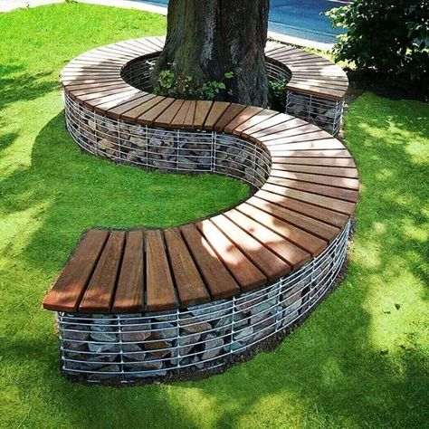 Bench Around Trees, Garden Hardscape, Tree Bench, Front Garden Design, Desain Lanskap, Bottle Garden, Safari Lodge, Wooden Bench, Garden Bench