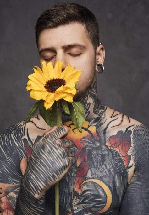 Man Holding Flowers Pose, Sunflower Editorial, Holding Flowers Pose Reference, Jojo Tattoo, Holding Sunflower, Man With Flowers, Sunflower Photoshoot, Poses Male, Sunflower Tattoo Shoulder