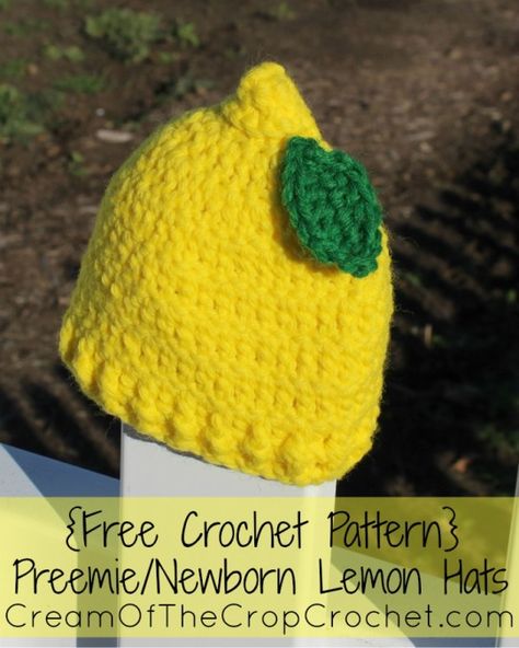 Cream of the Crop Crochet~Preemie/Newborn Lemon Hat {free #crochet pattern} #handmade Easy Free Crochet Patterns, Crochet Preemie Hats, Crochet Baby Boy Hat, Hat Free Crochet Pattern, Preemie Crochet, Hats Pattern, Preemie Hats, Newborn Hats, Hat Crochet Pattern