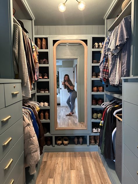 Build Out Closet Master Bedrooms, Bathroom And Walking Closet Together, Adding Walk In Closet To Bedroom, Bathroom Closet Ideas Layout, Hamper In Closet Ideas, Comfy Master Room, Diy Closet Remodel Walk In, L Shaped Master Closet Walk In, Vanity In Closet Walk In