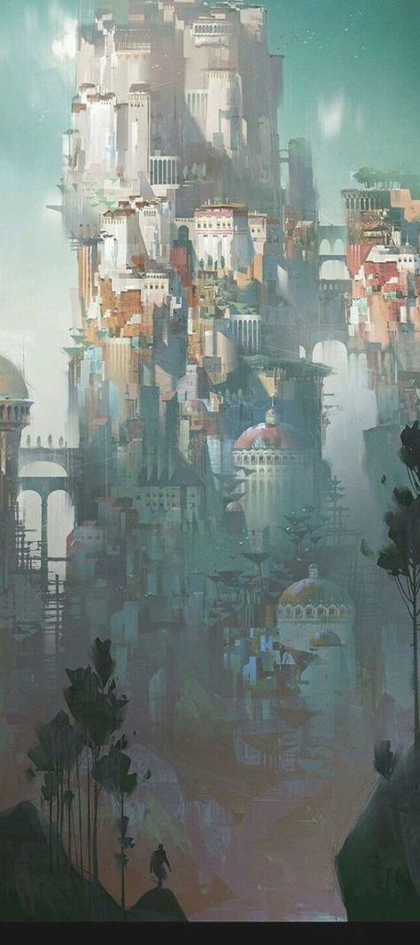 Concept Art Landscape, Beautiful Landscape Paintings, Science Fiction Illustration, Landscape Concept, Castle In The Sky, Fantasy City, Art Et Illustration, Fantasy Art Landscapes, 판타지 아트