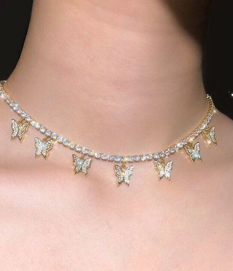 Rhinestone butterfly choker necklace in gold Elegant Diamond Butterfly Necklace, Gold Butterfly Necklace With Diamond Accents, White Diamond Butterfly Necklace, Party Butterfly Charm Choker, Butterfly Choker Necklace, Elegant Butterfly Charm Choker Necklace, Butterfly Choker, Small Butterfly, Butterfly Pendant Necklace