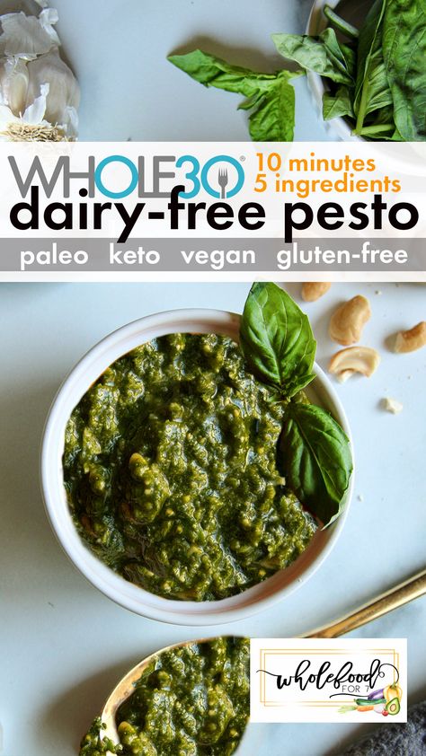 Dairy-free Whole30 Pesto - WholeFoodFor7 Whole30 Pesto, Paleo Pesto, Nut Free Pesto, Dairy Free Pesto, Food Processor Uses, Spinach Pesto, Veggie Pasta, Pesto Recipe, Vegan Pizza