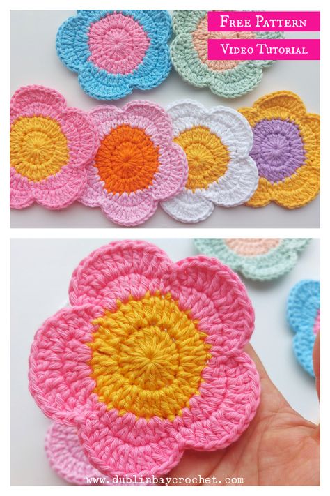 Flower Coasters Free Crochet Pattern and Video Tutorial Easy Crochet Patterns Free Beginners, Crochet Blanket Diy, Beanie Knitting Patterns Free, Crochet Necklace Pattern, Crochet Coasters Free Pattern, Flower Coaster, Crochet Hot Pads, Flower Coasters, Crochet Placemats