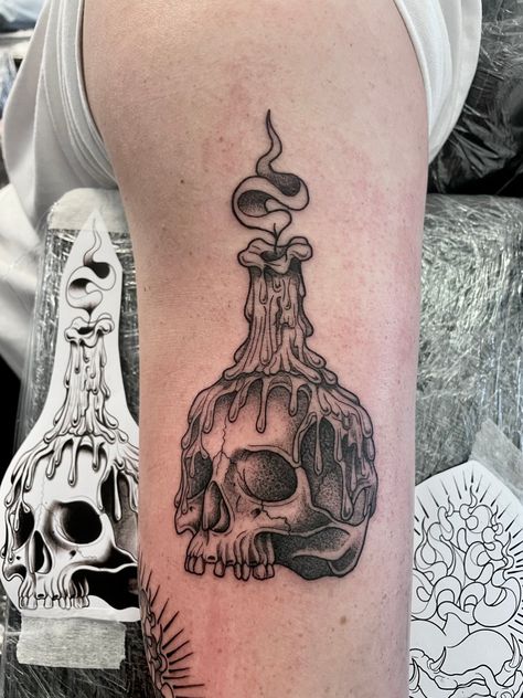 Dotwork Skull and Candle Tattoo Skull With Candle Tattoo Design, Heart Candle Tattoo, Skull And Candle Tattoo Design, Fineline Skull Tattoo, Candle Burning At Both Ends Tattoo, Skull And Candle Tattoo, Melting Candle Tattoo, Skull Candle Tattoo, Vintage Skull Tattoo