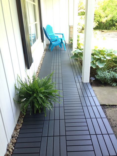 IKEA Runnen Decking with pond stones Ikea Runnen Decking Ideas, Fake Decking, Deck Tiles On Grass Backyard Ideas, Ikea Outdoor Flooring Ideas, Ikea Runnen Ideas, Ikea Runnen Decking, Runnen Ikea Ideas, Ikea Outdoor Flooring, Ikea Decking