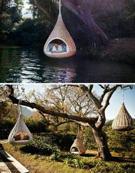 I love these! Nest Chair, Backyard Hammock, Hanging Chairs, Hanging Furniture, Cool Tree Houses, Tree House Designs, Outdoor Design, Glamping, A Tree