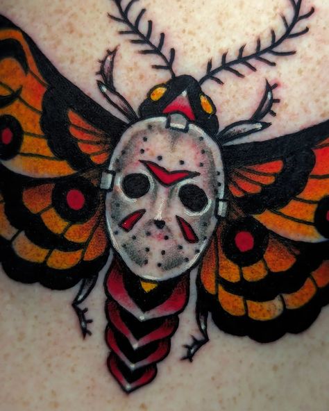 Jason's head moth! Thank you for the trust for your first tattoo, Dan! Halloween Moth Tattoo, Moth Tattoo Traditional, Traditional Moth, Halloween Moth, Spooky Tattoos, Moth Tattoo, Tattoo Traditional, Sleeve Tattoos For Women, First Tattoo