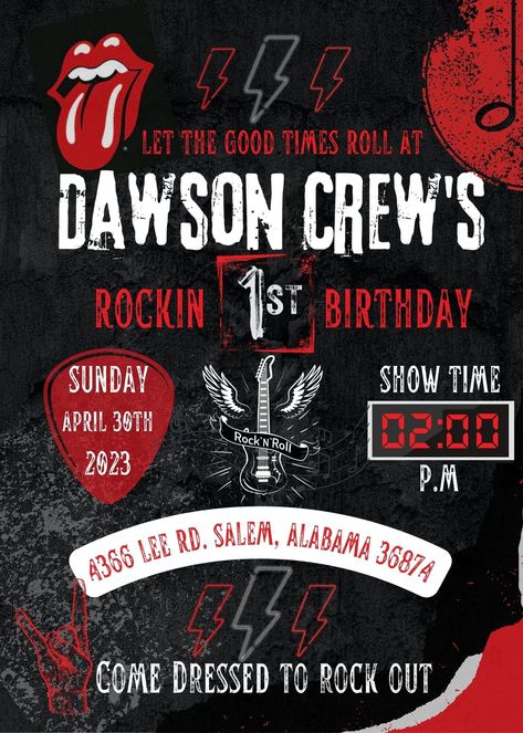 Rock Themed Birthday instant download. -editable text  -Template is 5 X 7 ** Bonus Food Bar signs included with print as an option for party decoration. One Rocks First Birthday, Rockstar Birthday, Text Template, Food Bar, Sweet 16 Birthday Party, Birthday Idea, 30th Birthday Parties, 16th Birthday Party, Good Times Roll