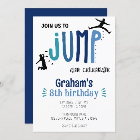 Kids Jump Trampoline Park Birthday Party Invitati Invitation #zazzle #weddinginvitations #birthdayinvitations #babyshowerinvitations #zazzleinvitations #monogram #businesscards #graduation #homedecor Trampoline Park Birthday Party, Park Birthday Party, Jump Park, Indoor Play Centre, Birthday Party At Park, Park Birthday, 85th Birthday, Bday Invitations, Colorful Invitations