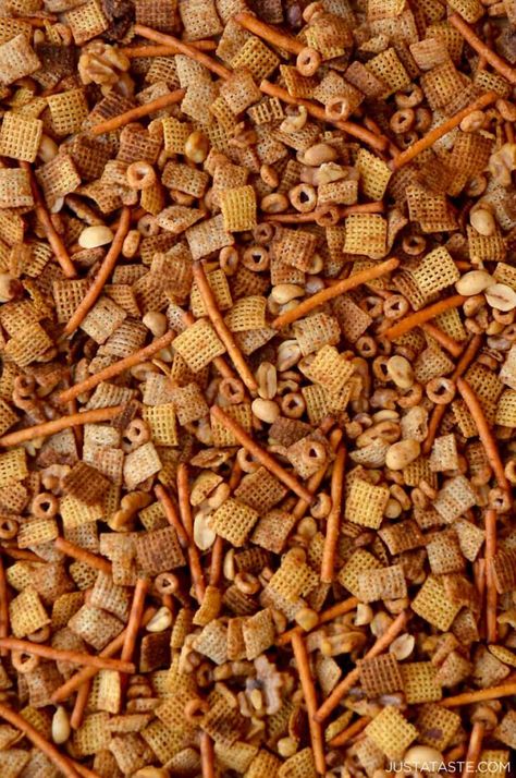 Homemade Chex Mix (Slow Cooker or Oven) | Just a Taste Crockpot Trash Recipe, Chex Mix Recipes Original Ovens, Snack Mixes For A Crowd, Homemade Chex Mix Recipe, Chex Mix Recipes Original, Homemade Chex Mix, Snacks Diy, Seasoned Pretzels, Orange Baking