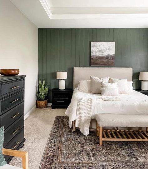 Shiplap Bedroom, Wall Paneling Ideas, Bedroom Rug Placement, Rustic Style Bedroom, Bedroom Rug Size, Paneling Ideas, Bedroom Accent Wall, Sage Green Bedroom, Rustic Bedroom Decor