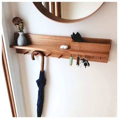 Small Entryway Table, Black Hooks, Wooden Things, Entryway Organizer, Diy Projektit, Entryway Mirror, Tasmanian Oak, Mail Holder, Entryway Organization