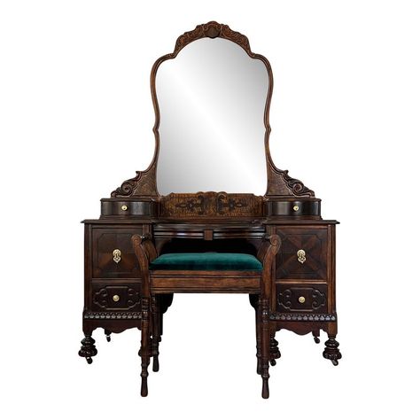 Offering a freshly refinished antique make-up vanity with a removable mirror and a matching bench. The vanity is constructed of solid wood (walnut/burl inlays) and has a total of six dovetailed drawers. The drawers are made of solid wood are in excellent working condition and have been cleaned and reconditioned. The vanity was stained using a mix of dark oil stains and sealed with a lacquer top coat. The sheen used is satin finish. The piece features a removable framed mirror with some signs of Vanity Mirror Antique, Dark Wood Vanity Table, 1920s Vanity With Mirror, Dark Academia Vanity, 1920s Mirror, Antique Makeup Vanity, 1920s Vanity, Dark Wood Vanity, Refinished Vanity