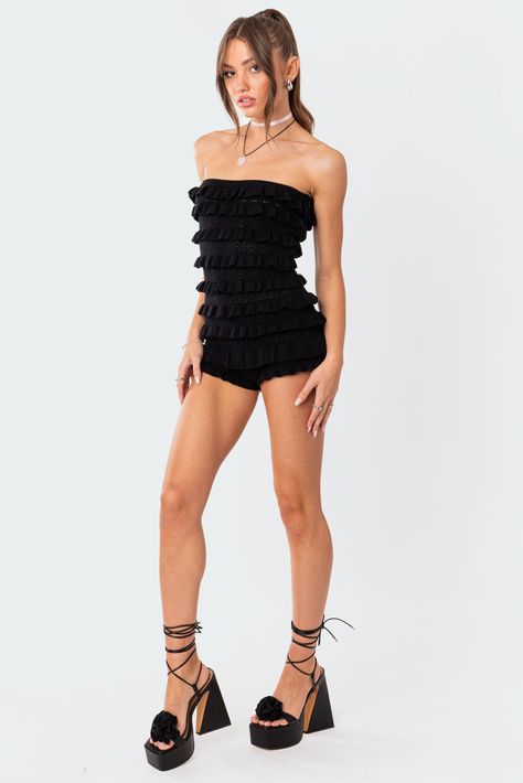 PRODUCT INFO Romper Layered ruffles Knit fabric Polyester, Rayon, Spandex Model wears size XS/S Model height is 5'8 Item care: Wash with similar color Ruffle Romper Outfit, Romper Outfit Ideas, Love Island Outfits, Island Outfits, Boho Whimsical, Knit Romper, Absolut Vodka, Tattoo Women, Romper Outfit