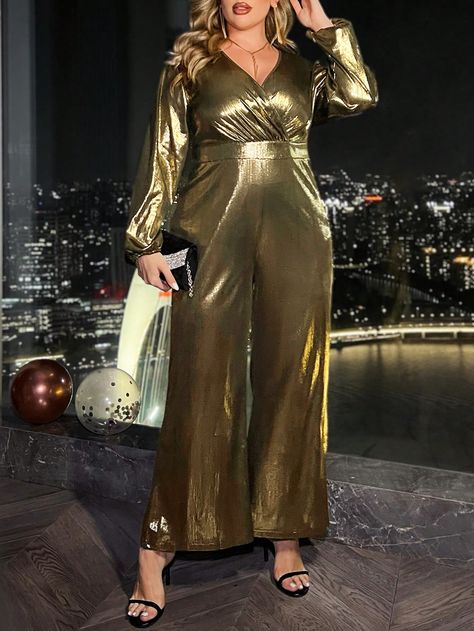 Gold Party Collar Long Sleeve Knitted Fabric Plain Unitard Embellished Medium Stretch  Women Plus Clothing Plus Size Disco, Disco Outfit Ideas, Gold Outfit, Disco Outfit, Gold Party, Plus Size Jumpsuit, Jumpsuit With Sleeves, Lantern Sleeve, Club Outfits