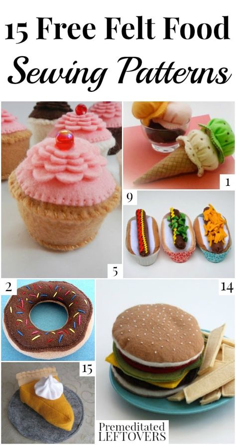 Felt food is perfect for little foodies! They are easy to make and you can even wash them. Here are 15 free felt food sewing patterns to inspire you. Food Sewing Patterns, Play Food Diy, Felt Toys Diy, Felt Food Diy, Felt Food Patterns, Felt Play Food, Pretend Food, Felt Crafts Diy, Toy Food