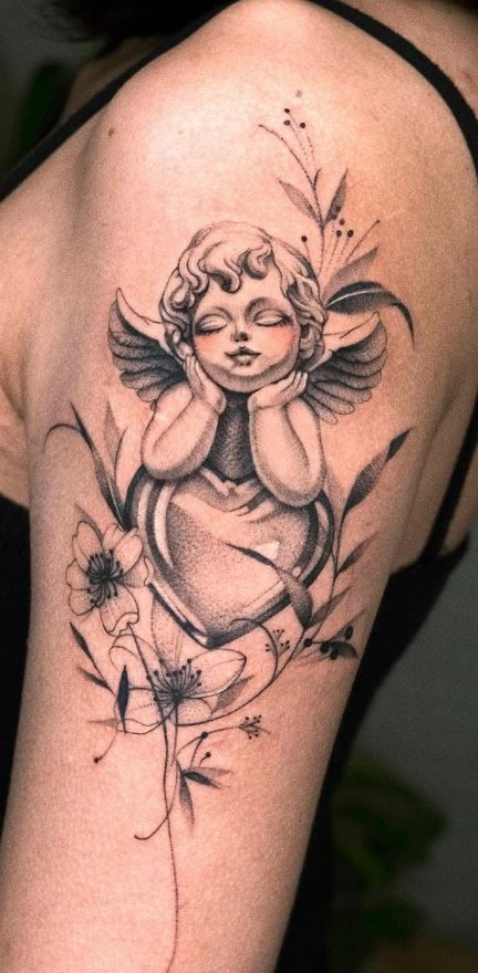 Cherub Tattoos, Cherub Tattoo Designs, Beautiful Angel Tattoos, Angel Tattoo For Women, Guardian Angel Tattoo Designs, Angle Tattoo, Baby Angel Tattoo, Flor Tattoo, Guardian Angel Tattoo