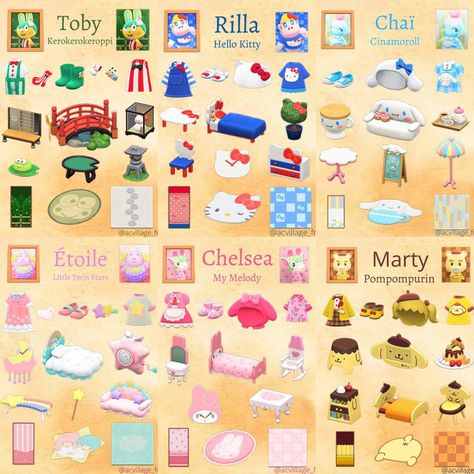 Sanrio Animal Crossing Villagers, Acnh Friendship Guide, All Animal Crossing Villagers List, Acnh Sanrio Villagers, Acnh Sanrio Items, Cozy Core Animal Crossing, Sanrio Custom Designs Animal Crossing, Cute Acnh Entrance Ideas, Kuromi Animal Crossing Design