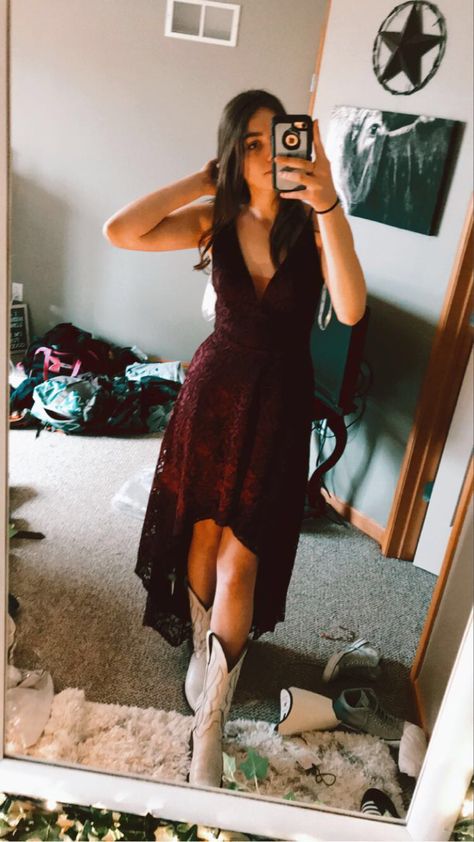 Grad Dresses With Cowboy Boots, Cute Country Dresses Prom, Cute Country Hoco Dresses, Prom Dresses To Wear With Cowboy Boots, Formal Cowgirl Dresses, Country Winter Formal Dresses, Homecoming Dresses Country Style, Western Outfit Wedding Guest, Wedding Outfit With Cowgirl Boots