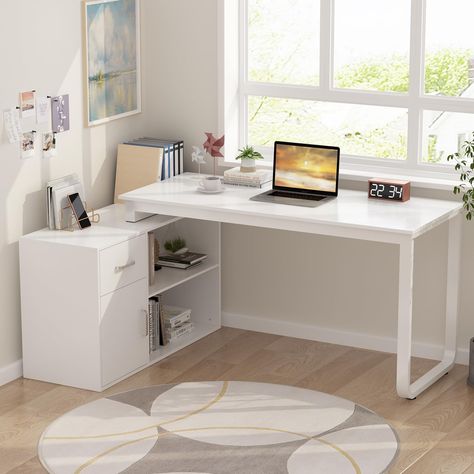 PRICES MAY VARY. 【Large Working Space】- This L-shaped computer desk offers adequate working space. The wide desktop can hold many office supplies, such as monitors, table lamp, books, files, etc. Dimensions of the Desk: 55.1”L x 23.6”W x 29.5”H 【Ample Storage Space】- The storage cabinet features 2-tire open shelf, 1 drawer and 1 door cabinet, the cabinet is ideal to store your important files or privacy belongings, also you can use it as printer stand. Dimensions of the Cabinet: 41.3”L x 15.7”W Desk Corner, Study Table Designs, Home Office Computer Desk, Perfect Office, Office Computer Desk, Bedroom Desk, Office Computer, Room Desk, 2 Shelves