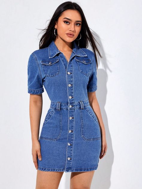 Short Sleeve Denim, Denim Dresses, Stylish Glasses, Plain Shirt, Plain Shirts, Denim Design, Really Cute Outfits, Outfits Casuales, Dress P