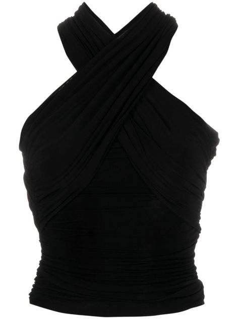 black stretch-jersey ruched detailing halterneck crossover shoulder straps sleeveless cropped straight hem Ruched Top, Versace Outfit, Yoko London, Lady Dior, Black Stretch, Black Top, Classy Outfits, Crossover, Denim Dress