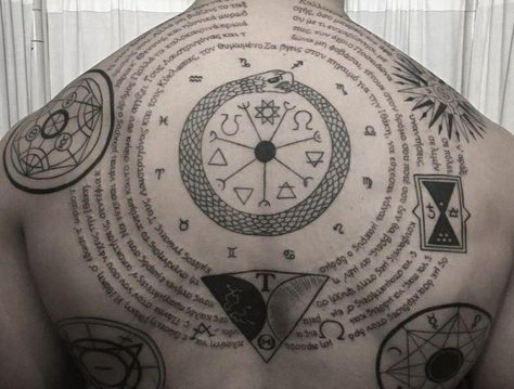 210+ Alchemy Tattoos Ideas and Designs (2023) - TattoosBoyGirl Alchemy Back Tattoo, Ocult Tattoo Ideas, Alchemy Circle Tattoo, Alchemy Tattoo Ideas, Alchemy Tattoos, Magick Tattoo, Occult Tattoos, Esoteric Tattoo, Alchemy Tattoo