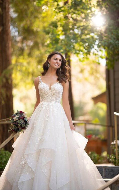 Essense of Australia wedding dress available at The Bridal Shoppe in St. Louis, MO. A Line Tiered Wedding Dress, Essence Of Australia Wedding Dress A Line, A Line Layered Wedding Dress, Wedding Dresses A Line Sparkle, Wedding Dress Layered Tulle, Tiered Lace Wedding Dress, Wedding Dress Tiered Skirt, Wedding Dresses Tiered Skirt, Textured Skirt Wedding Dress