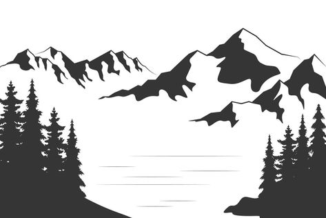 Landscape with silhouettes of mountains and Mountain river. Nature background. Vector illustration. Old style black and white mountain vector illustration Mountain Vector Illustration, Mountain Vector, Mountain River, Nature Background, White Mountain, Black And White Illustration, Nature Backgrounds, Old Style, Old Fashioned