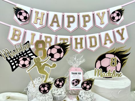 girls soccer, birthday party, banner, centerpiece, cake topper, cupcake topper, girls soccer party decor Soccer Birthday Banner, Soccer Party Decorations, Soccer Theme Parties, Soccer Birthday Party, Soccer Birthday Parties, Soccer Birthday, Soccer Party, Girls Soccer