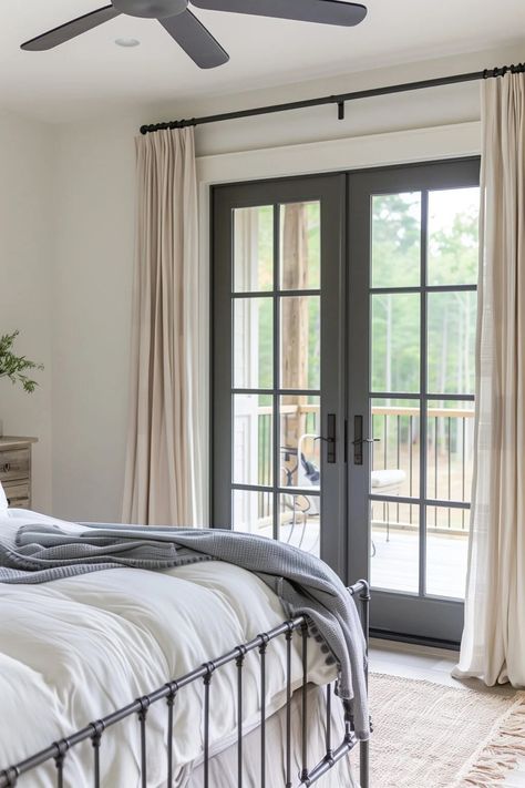 French Door In Bedroom To Outside, Bedroom With Patio Door Ideas, Bedroom With Exterior Door, Patio Doors In Bedroom, Bedroom With Outside Door, Windows On Both Sides Of Bed, French Door On Barn Slider, Patio Door In Bedroom, Master Bedrooms With French Doors