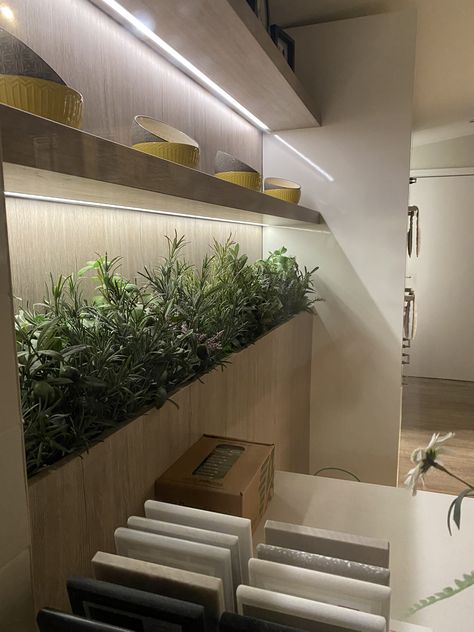 Built in plant shelf Built In Plant Shelf, Built In Planters Indoor, Bottom Of Stairs, Green Kitchens, Planter Indoor, Plant Shelf, Plant Shelves, Green Kitchen, Open Shelving