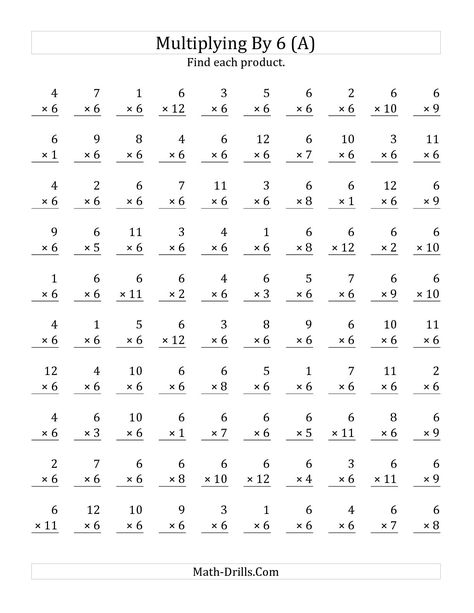 The Multiplying 1 to 12 by 6 (A) math worksheet from the Multiplication Worksheet page at Math-Drills.com. Multiplication Drills, Free Printable Multiplication Worksheets, Multiplying Fractions Worksheets, Free Multiplication Worksheets, Multiplication And Division Worksheets, Printable Multiplication Worksheets, Multiplication Facts Worksheets, Math Multiplication Worksheets, Multiplication Worksheet