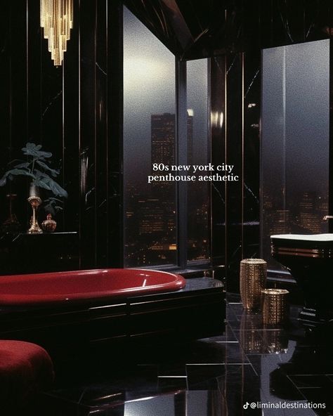 Dark 80s Interior Design, 80s Bathroom Aesthetic, Fancy Penthouse, 80s Penthouse, Penthouse Aesthetic, 80s Interior Design, New York Penthouse, 80s Home, 80s Interior